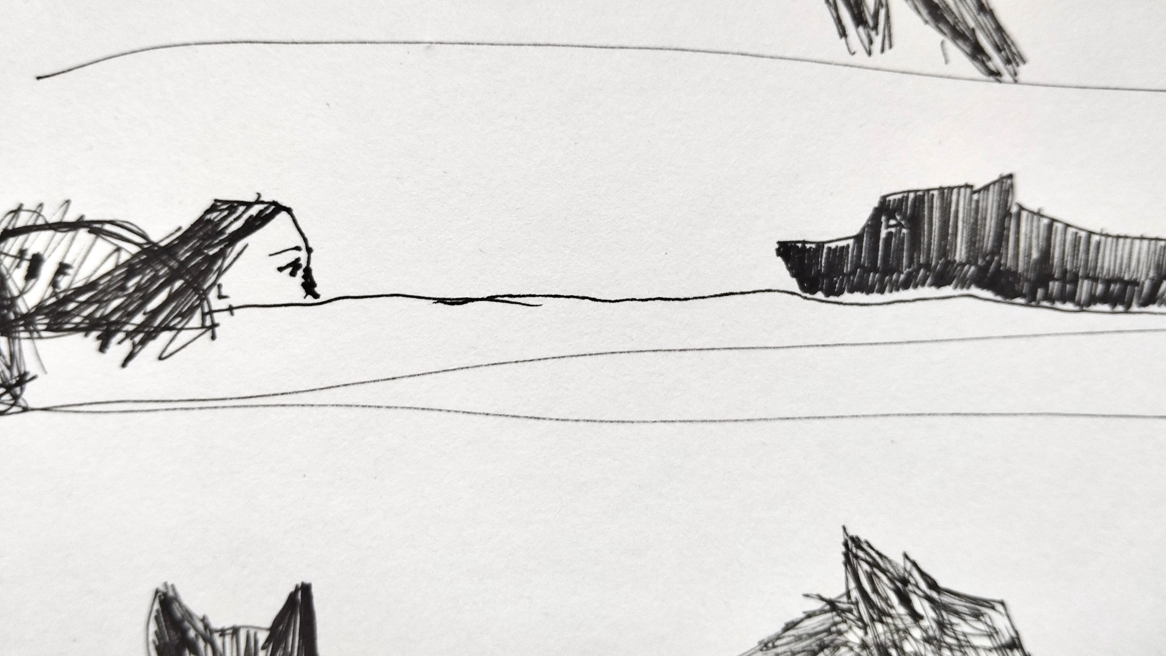 A pen sketch of mine showing a woman and a wolf swimming towards each other with their heads on a waterline.
